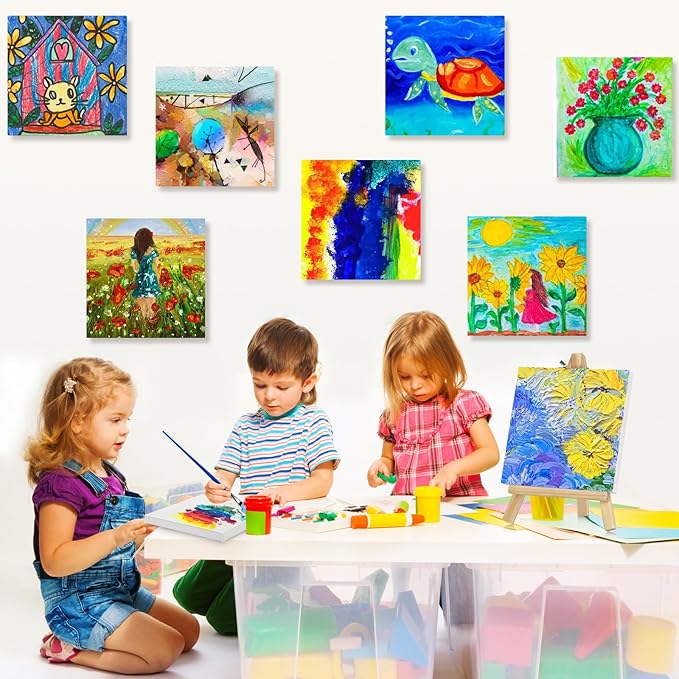 12PCS Mini Canvas and Easel Set - 5x5In Profile Small Square Canvases and 7.7 x 4.4In Easel - 100% Cotton Mini Stretch Canvas for Children's Painting Art Supplies, School Home Decorating Projects