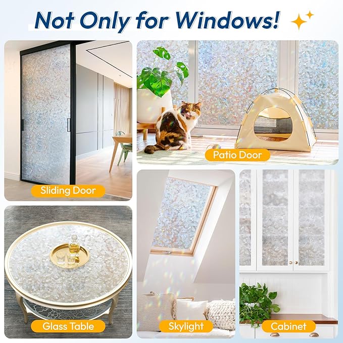 rabbitgoo Rainbow Window Privacy Film Decorative Stained Glass Diamond Pattern Window Sticker with Iridescent Tint Non-Adhesive Static Cling for Home Office Crystal Pattern, 23.6 x 157.4 inch