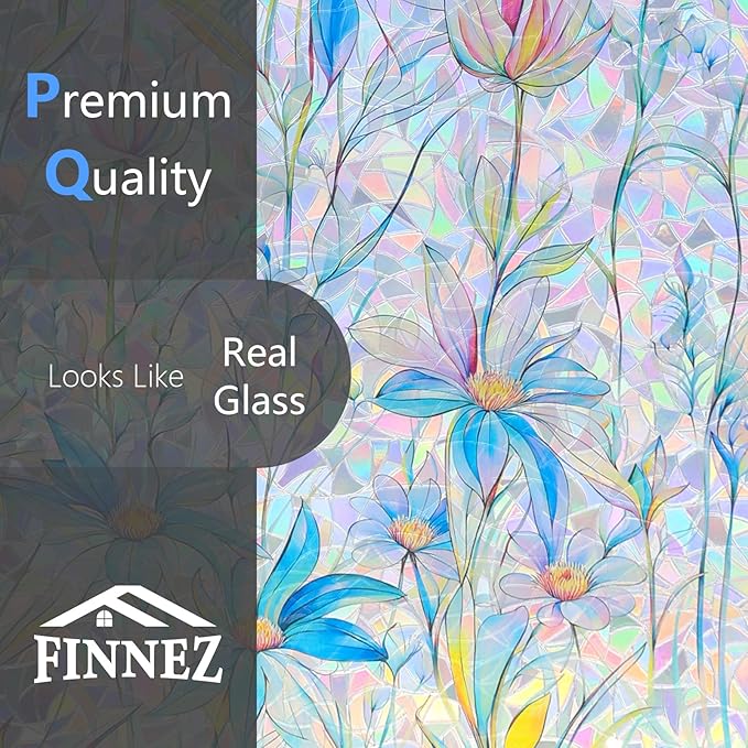FINNEZ Window Privacy Film Stain Glass Film Flowers Rainbow Window Film Window Clings Non-Adhesive Reusable Decorative for Home(Blue Lotus,45.2 Inch x 6.5 Feet)