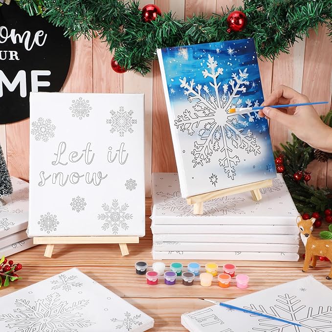 Zhanmai 12 Pack Pre Drawn Canvas for Painting Sip and Paint Kit 8" x 10" Paint Party Set Canvas Painting Pre Printed Canvases for Party Favor DIY Virtual Adult's Date Night(Winter Snowflake)
