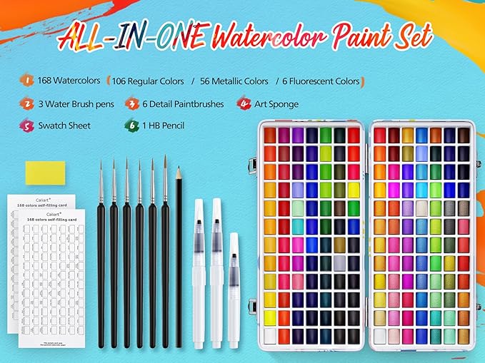 Caliart Watercolor Paint Set, 168 Colors Portable Travel Water Color Palette Kit with Detail Painting Brush, Art Supplies Christmas Gifts for Artists Adults Painters Beginners