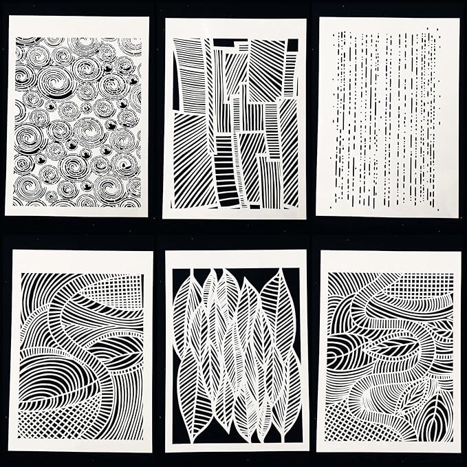 TIAMECH 6 Pcs A4 Reusable Geometric Stencils for Painting - Hollow Leaves & Abstract Curve Lines Texture Layering Templates, DIY Wall Art, Furniture, Scrapbook & Crafts
