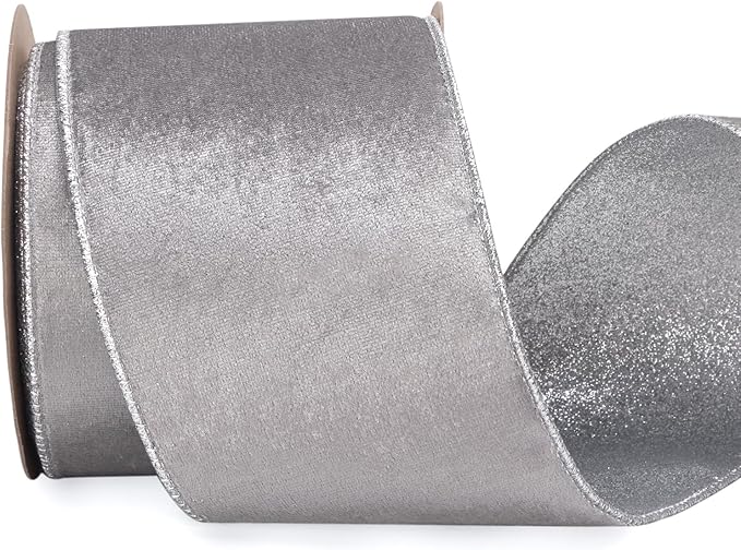 Ribbli Velvet Wired Ribbon 4 Inch Silver Velvet with Silver Glitter Christmas Ribbon for Christmas Tree Decoration Big Bow Gift Wrapping Crafts Wreaths Supplies - 10 Yards