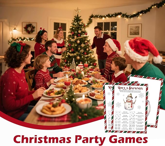 Roll A Snowman Game, Christmas Dice Games for Families & Large Groups-25 Players, Christmas Party Games for Adults, Red and Green Theme Winter Holiday Decorations White Elephant Gifts Ideas