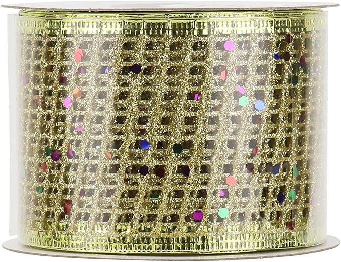 MEEDEE Gold Glitter Ribbon Gold Christmas Ribbon 2.5 Inch Square Mesh Net Wired Ribbon with Rainbow Sparkle Gold Wired Ribbon Gold Ribbon for Christmas Tree Decoration, Wreath Bow Making (10 Yards)