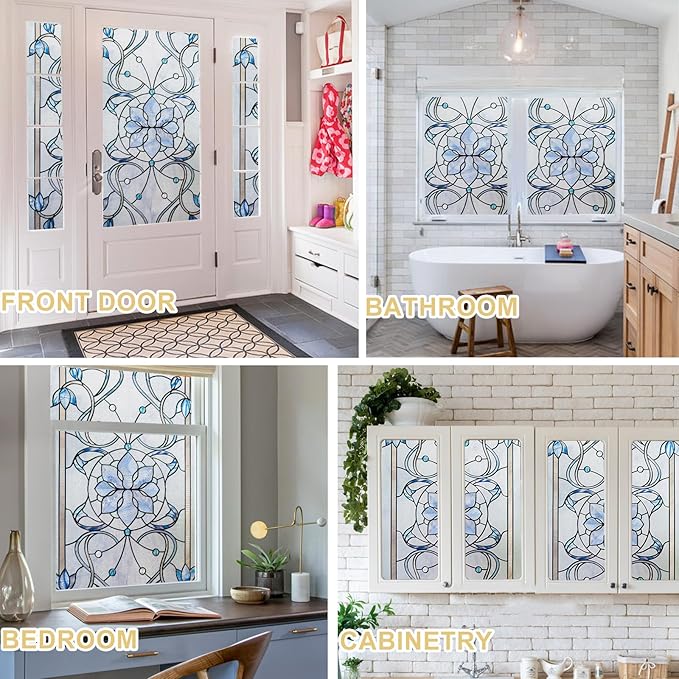 3D Stained Glass Window Privacy Film, Heat Control UV Blocking Static Cling Decorative Window Film for Bathroom,Front Door,Home Non Adhesive,16.9 x 39.3 inches Azure Bloom