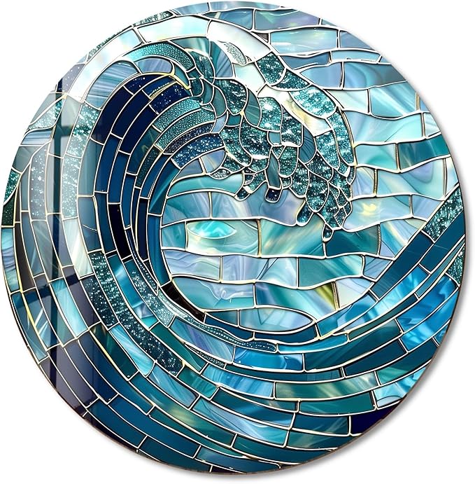 My Photostation.com 39,4''(100cm) Diameter Ocean Wave in Blue Mosaic Round Glass Wall Art Tempered Glass Printing Wall Decor Large Wall Art Wall Hangings