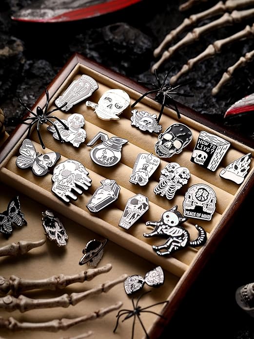 BBTO 20 Pieces Enamel Pins Skull Spooky Skeleton Enamel Pins Set Black Decorative Cartoon Goth Skull Horror Dark Brooch Cute Lapel Buttons for Jacket Backpack Hat Halloween