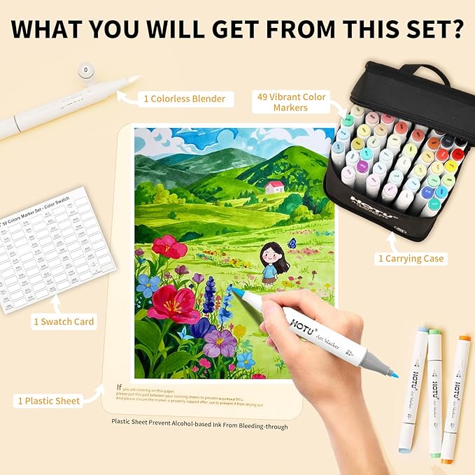 Alcohol Markers Brush and Fine Tip 50 Colors Dual Tips Art Marker Set Alcohol-based Sketch Pens with Carrying Case,Non-Bleeding Pad for Art Enthusiast Adults Coloring Illustration