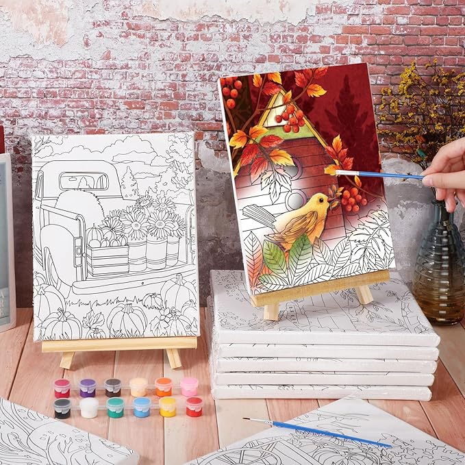 Zhanmai 12 Pack Pre Drawn Canvas for Painting Sip and Paint Kit 8" x 10" Paint Party Set Canvas Painting Pre Printed Canvases for Party Favor DIY Virtual Adult's Date Night(Fall Thanksgiving)
