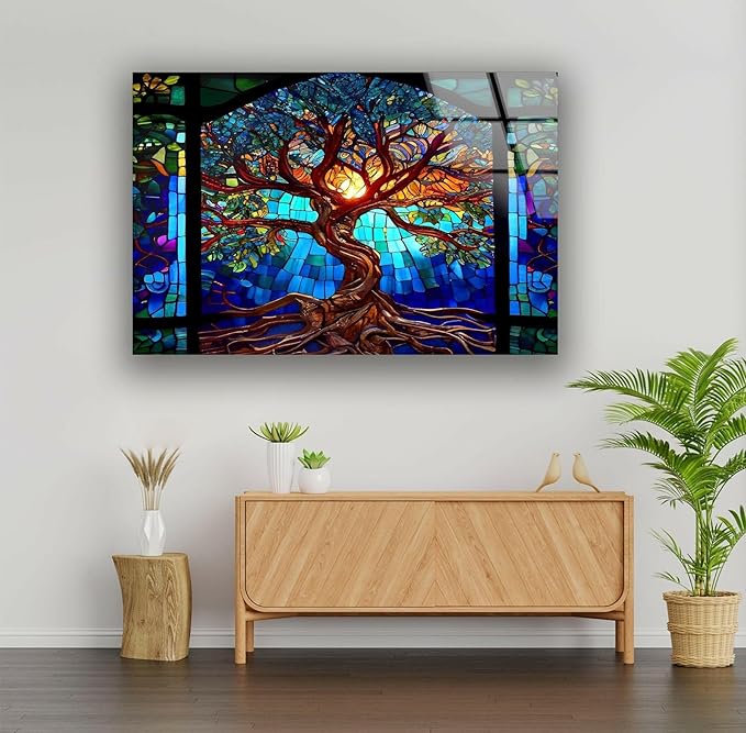 My Photostation.com 43Wx27H'' Stained Blue Life of Tree Glass Wall ArtTempered Glass Printing Wall Decor Large Wall Art Wall Hangings