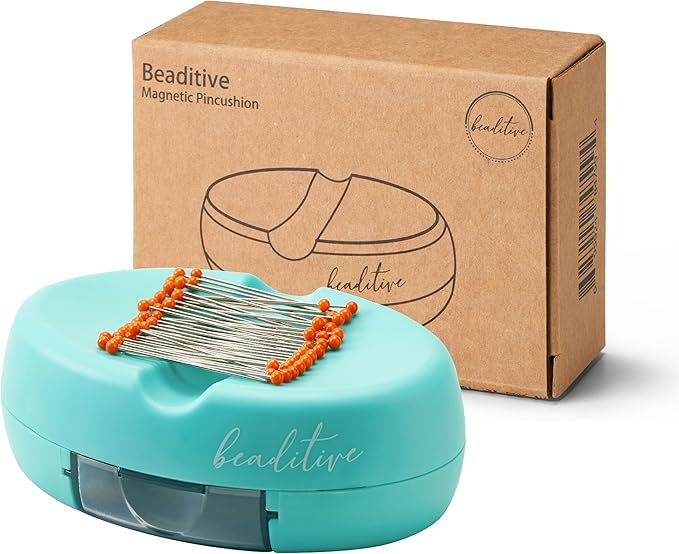 Beaditive Magnetic Pin Cushion with Drawer - Strong Magnet Pin Holder Cushion for Sewing - 50 Glass Head Quilting Pins Included - Chic Pincushion Caddy for Sewing Pins, Paper Clips, Screws โ Turquoise