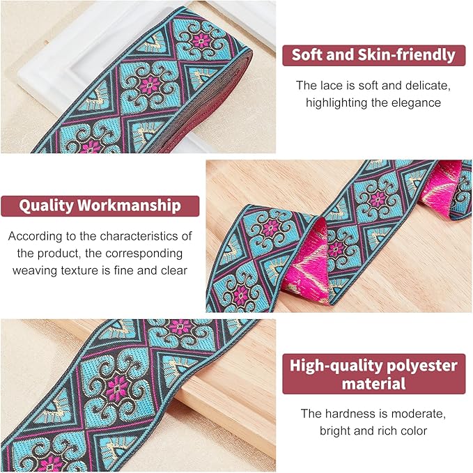 PH PandaHall 2 Inch Embroidered Woven Ribbon, 7 Yards Vintage Jacquard Ribbon Boho Flowers Straps Fabric Trim for Bohemian Persian Clothes Bag Holiday Christmas Decor Gift Wrap Decor