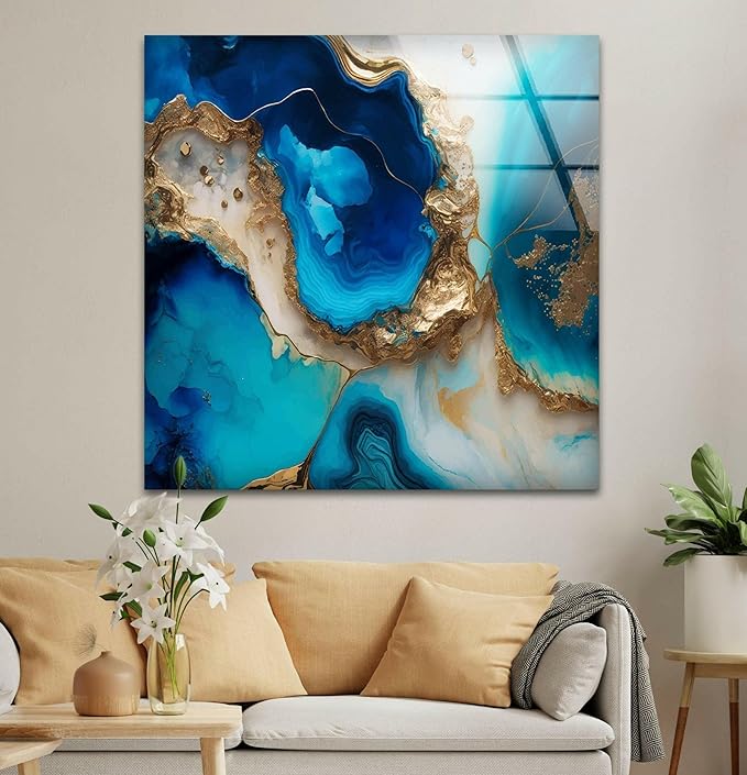 My Photostation.com 20Wx14H'' Blue Alcohol ink Glass Wall ArtTempered Glass Printing Wall Decor Large Wall Art Wall Hangings