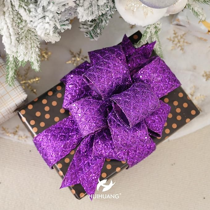 HUIHUANG Purple Wired Christmas Ribbon 4 inch Purple Glitter Wired Ribbon Diamond Mesh Wire Ribbon for X-mas Tree Decorations, Wreaths, Garland, Large Bows Making, Home Decor -10 Yards