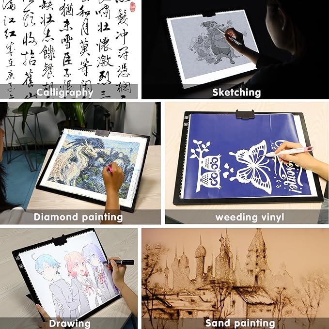 HIUKCOLED Rechargeable A3 Light Pad with Diamond Painting Light Board Carry Bag, Built-in Foldable Stand๏ผtop Clip, 3 Colors/Stepless/6-level Brightness, Battery Powered Wireless LED Tracing Box