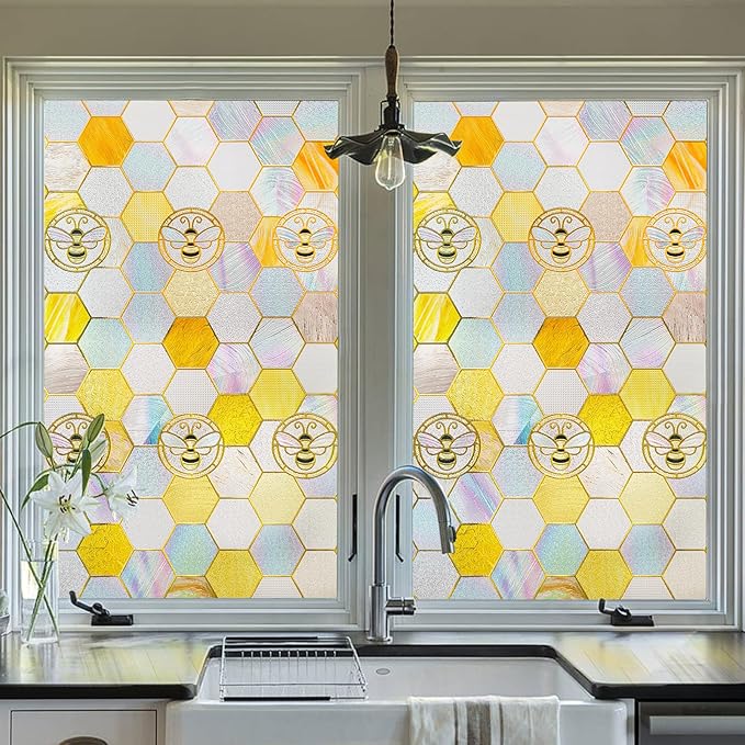 3D Stained Glass Window Privacy Film, Heat Control UV Blocking Static Cling Decorative Window Film for Bathroom,Front Door,Home Non Adhesive, Honey 16.9 x 39.3 inches