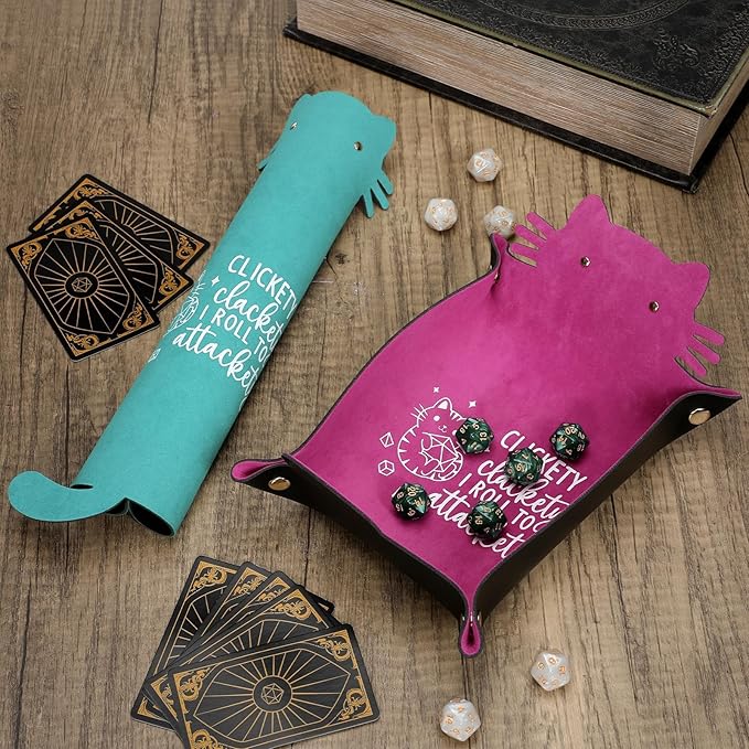 2Pcs Cat Dice Rolling Tray Novelty Folding Leather Dice Holder Portable Storage Accessories Decorative Desk Organizer Funny Gift for DND Game Players