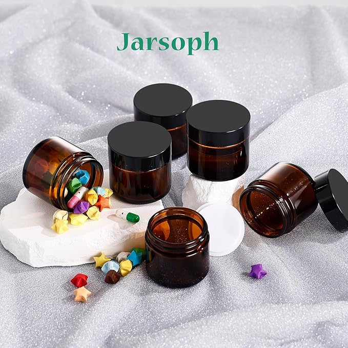 Amber Glass Jars with lids, 24 Pack 2oz Empty Cosmetic Jars, Refillable Airtight Wide Mouth Container for DIY, Sample, Cream, Lotion, Candle Making, Powder, Cosmetic