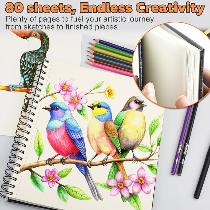 Sketch Book 9" x 11",2 Pack 80-Sheets (68lb/100gsm),Double-Sided Hardbound Sketchbook, Spiral Bound,Acid Free Painting Art Paper for Kids and Adults