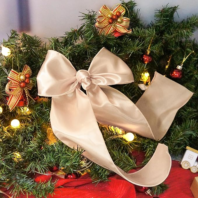 CT CRAFT LLC Satin Wired Ribbon 4 Inch x 20 Yards Champagne Gold for Christmas Home Décor Gift Wrapping Tree Topper Bow Wreath DIY Crafts,