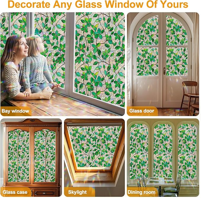Window Privacy Film Stain Glass Window Film Rainbow Window Film Window clings Non-Adhesive Reusable Decorative for Room (Greenery Leaf, 17.5 x 78.7 in)