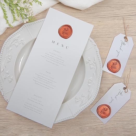 PONATIA 50PCS Terracotta Orange Wax Seal Stickers - Eucalyptus Design Self- Adhesive Stickers Perfect for Wedding Invitation, Envelopes, Christmas Cards, Menu, Vellum Jackets Decoraction