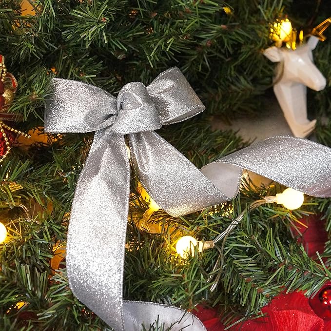 CT CRAFT LLC Glitter Wired Ribbon 1.5" x 10 Yards Silver for Christmas Home Decor Bow Gift Wrapping DIY Crafts Wreath