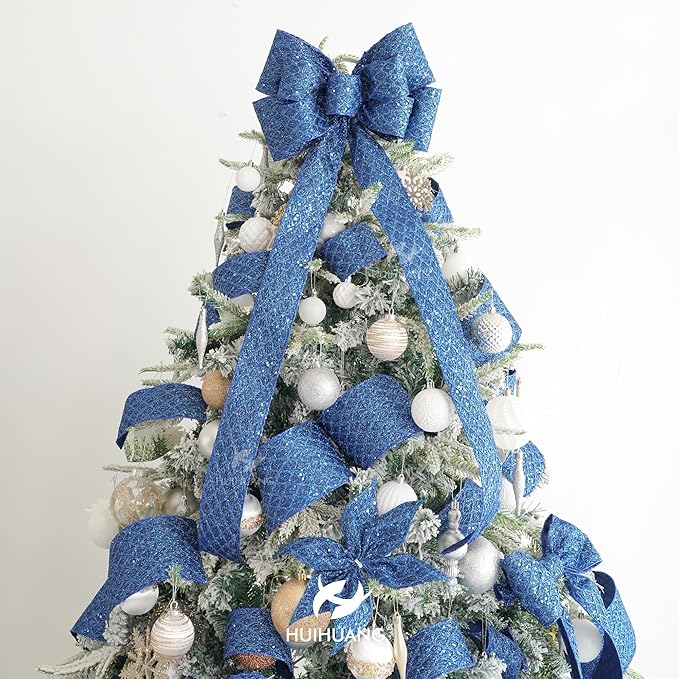 HUIHUANG Navy Blue Wired Ribbon 2.5 inch Glitter Diamond Mesh Wire Edge Ribbon for Christmas Tree, Wreaths, Garland, Gift Wrapping, Bows Making, Holiday Decor -10 Yards