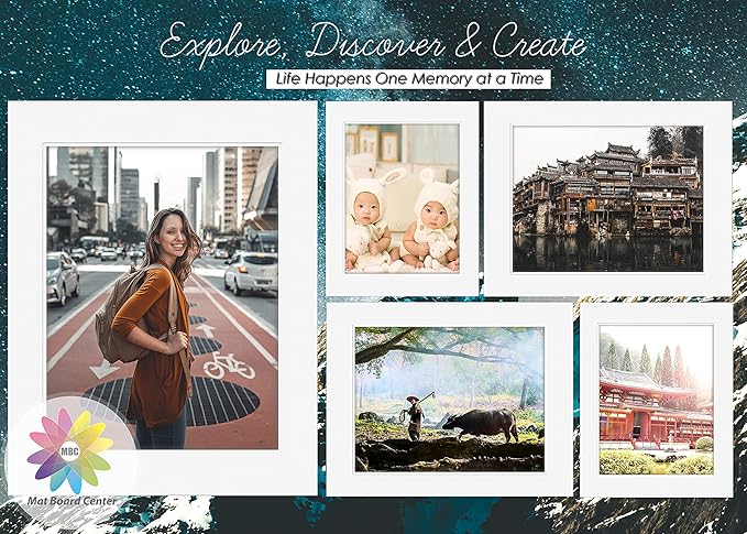 Mat Board Center, Pack of 25, 8x10 for 5x7 Black Picture Mat Sets - Acid Free, 4-ply Thickness, Bevel Pre-Cut White Core - Includes Backing Boards and Clear Bags - for Pictures, Photos, Framing