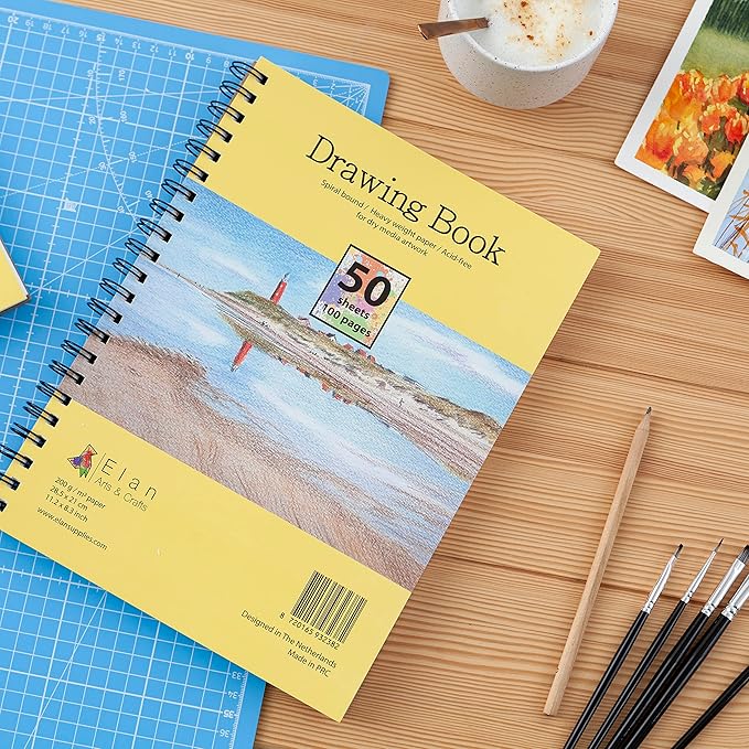Elan A4 Drawing Book, 50 Sheets Italian Paper 90 lb/200 GSM, Acid-Free Sketch Book 11.7x8.3 Inch, White Drawing Paper Pad, A4 Sketchbook Spiral Bound