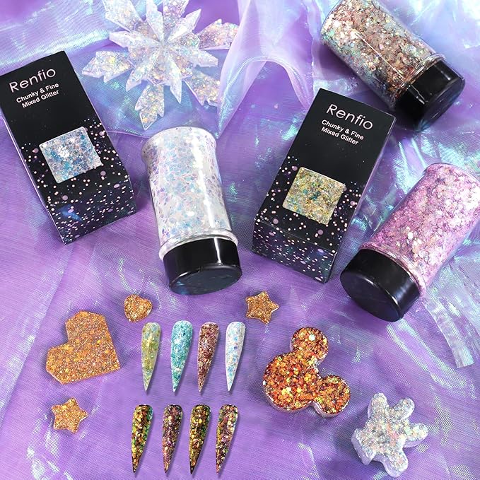 Renfio Opal Chunky Glitter, 1.75oz/50g Gold Glitter, Dreamy High Sparkle Glitter for Crafts Holographic Fine Glitter Mix Iridescent Glitters Flake for Resin Nails Art Hair DIY Snow - Golden Sunshine