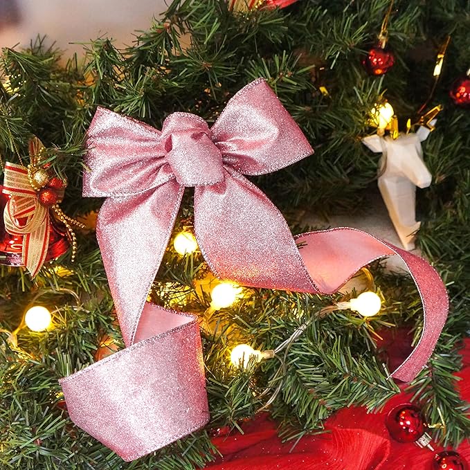 CT CRAFT LLC Glitter Wired Ribbon 2.5" x 10 Yards Rose Gold for Christmas Home Decor Bow Gift Wrapping DIY Crafts Wreath