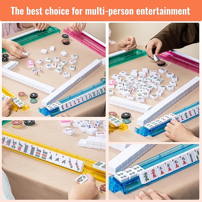 American Mahjong Tile Set,166 Premium White Tiles, 4 All-in-One Color Racks With Pushers, Mahjong Game Set With Large Capacity,Durable,Eco-Friendly Canvas Bag (Mah jongg Set,Mahjong Set Complete)