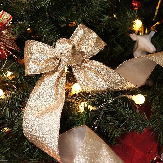 CT CRAFT LLC Glitter Wired Ribbon 2.5" x 20 Yards Gold (Champagne Gold) for Christmas Home Decor Bow Gift Wrapping DIY Crafts Wreath