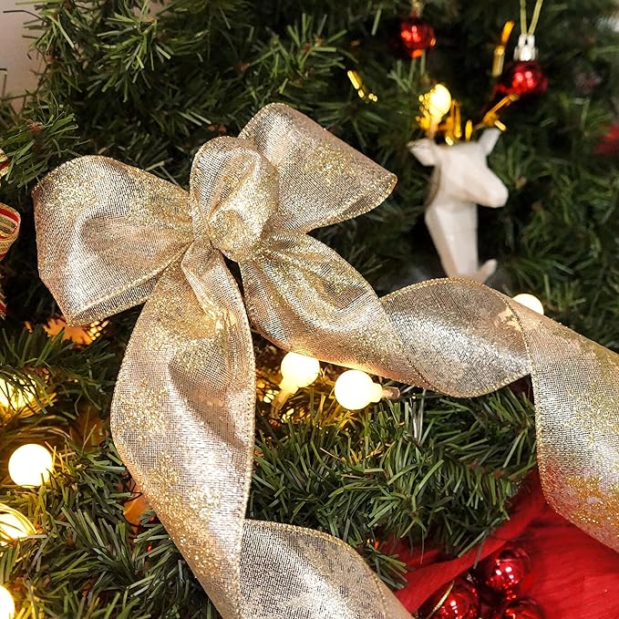 CT CRAFT LLC Champagne Gold Metallic Fabric with Gold Snowflake Wired Ribbon 2.5 Inch x 10 Yards for Christmas Home Decor Tree Topper Bow Gift Wrapping DIY Crafts Wreath Garland