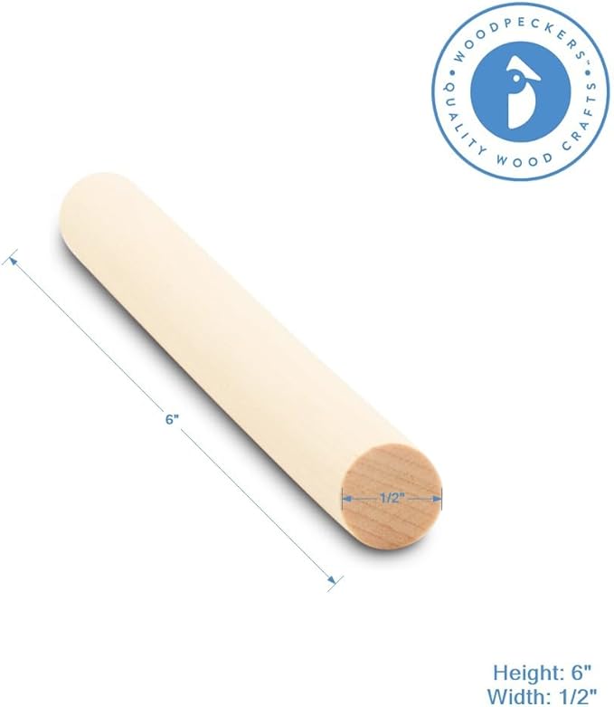 Dowel Rods Wood Sticks Wooden Dowel Rods - 1/2 x 6 Inch Unfinished Hardwood Sticks - for Crafts and DIYers - 25 Pieces by Woodpeckers