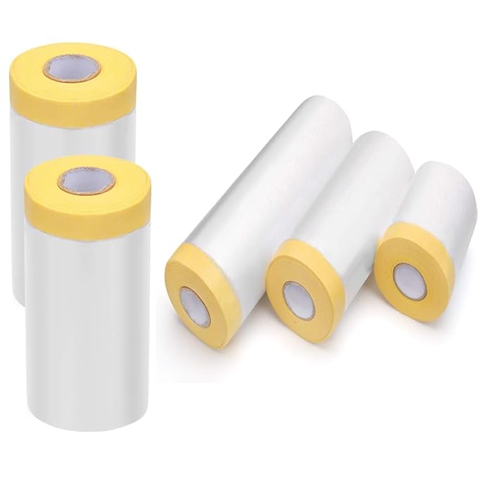 Pre-Taped Masking Film-22inx65ft Tape and Drape Painters Plastic Rolls, Plastic Painting Film for Automotive Painting Covering,Protective Drop Film for Furniture, Car, Floor (4rolls, 22in×65ft)