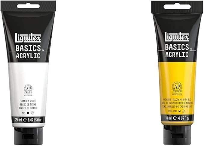 Liquitex BASICS Acrylic Paint, 250ml (8.5-oz) Tube, Titanium White BASICS Acrylic Paint, 118ml (4-oz) Tube, Cadmium Yellow Medium Hue