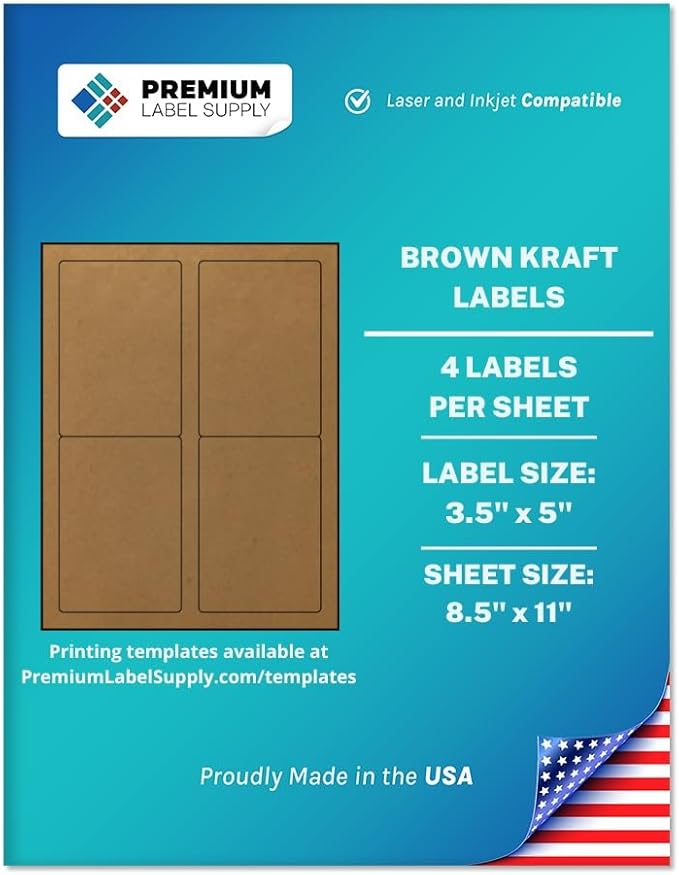 Premium Label Supply Brown Kraft Sticker Labels – 3.5" x 5" – Laser/Inkjet Compatible – (4 per Sheet), 100 Sheets – 400 Total Adhesive Labels