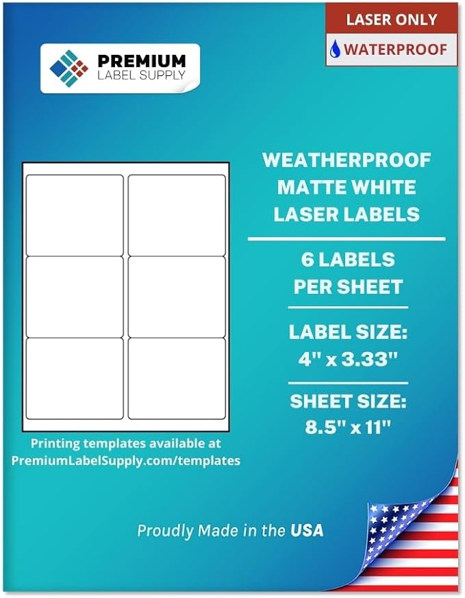 Premium Label Supply Waterproof Matte White Sticker Labels – 4" x 3.33" – Laser Printers Only – (6 per Sheet), 1000 Sheets - 6,000 Total Adhesive Labels