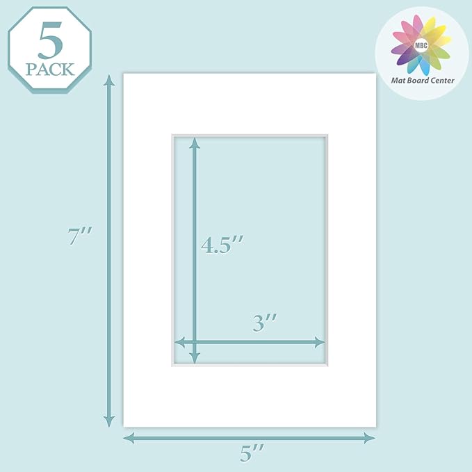 MBC Mat Board Center, 5 Pack 5x7 for 3.5x5 White Picture Mats Frame Mattes, Bevel Cut, Acid Free, 4-ply Thickness