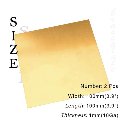 18 Gauge Brass Sheet，H62 Brass Plates Metal 0.039" Thickness x 3.9" Width x 3.9" Lenght, for Models, Crafts, Repairs, Electrical, 2Pcs