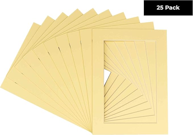 11x14 Mat for 8.5x11 Photo - Precut Soft Yellow Picture Matboard for Frames 11 x 14 Inches - Bevel Cut to Display Art 8.5 x 11 Inches - Acid Free Pack of 25 MATS with Backing Boards & Clear Bags