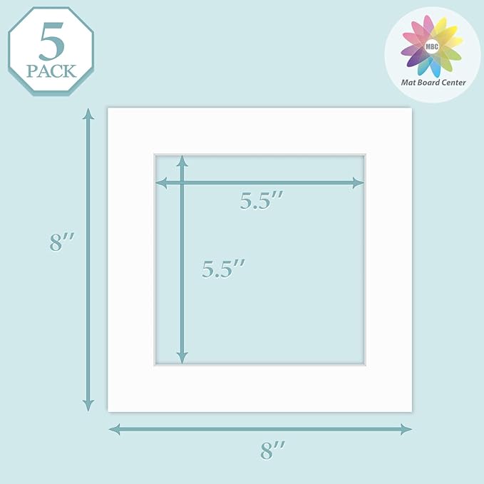 MBC Mat Board Center, 5 Pack 8x8 for 6x6 White Picture Mats Frame Mattes, Bevel Cut, Acid Free, 4-ply Thickness