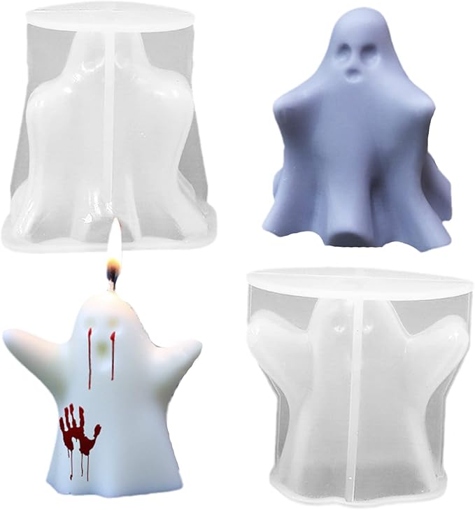 Silicone Candle Molds Set, 2 Pieces Ghost Halloween Molds and 20 Pieces Candle Wick, Horror Skull Handmade Soap Gypsum Mould for Scented Candle Making Home Decoration Supplies