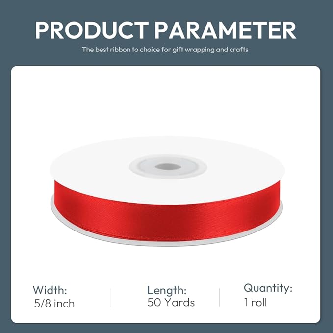 KMER LIFE 5/8" Wide x 50 Yards Red Single Faced Polyester Satin Ribbon for Wedding Decor, Wreath, Crafts, Gift Wrapping & Other Projects
