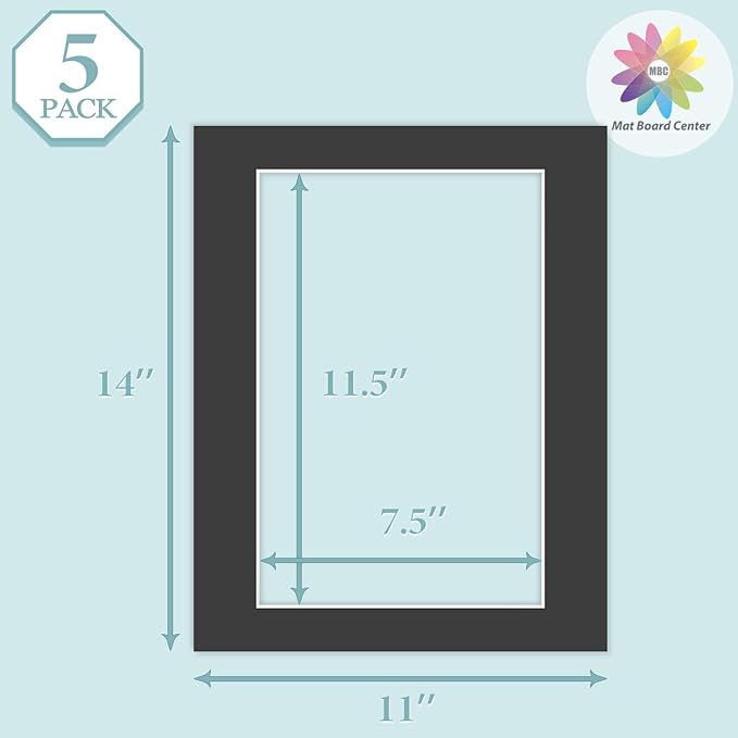 MBC Mat Board Center, 5 Pack 11X14 for 8X12 Black Picture Mats Frame Mattes, Bevel Cut, Acid Free, 4-Ply Thickness
