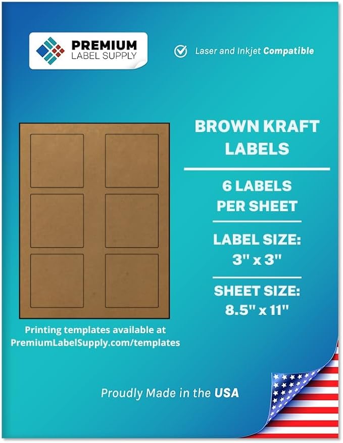 Premium Label Supply Brown Kraft Sticker Square Labels – 3" x 3" – Laser/Inkjet Compatible – (6 per Sheet), 100 Sheets – 600 Total Adhesive Labels