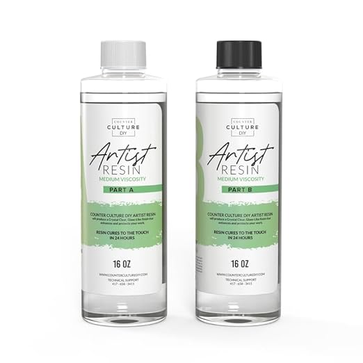 Counter Culture DIY Clear Artist Resin, Medium Viscosity, 32 oz Kit, Art Epoxy Supplies for Metallic Stains Acrylic 100% Solids Easy Coat No VOCs Scratch UV Heat Resistant to 500 Degrees